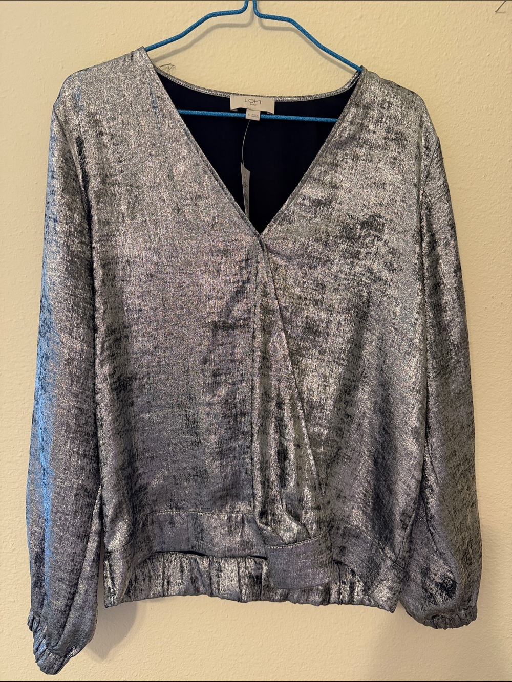 NWT LOFT Outlet Silver Metallic Shimmer V-Neck Wrap Blouse Size S